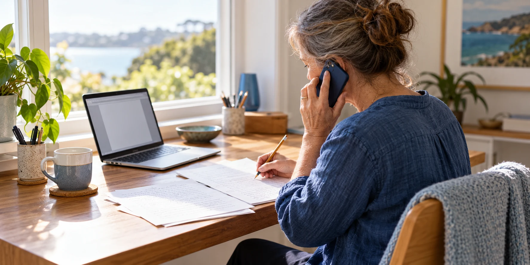 A writer discussing their pages over the phone