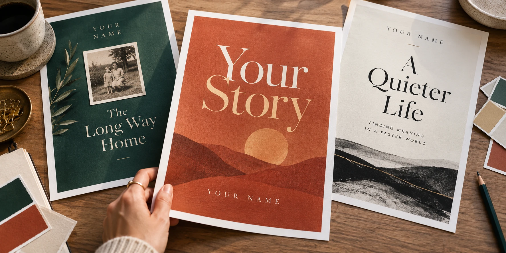 Three distinct cover designs being compared with colour swatches