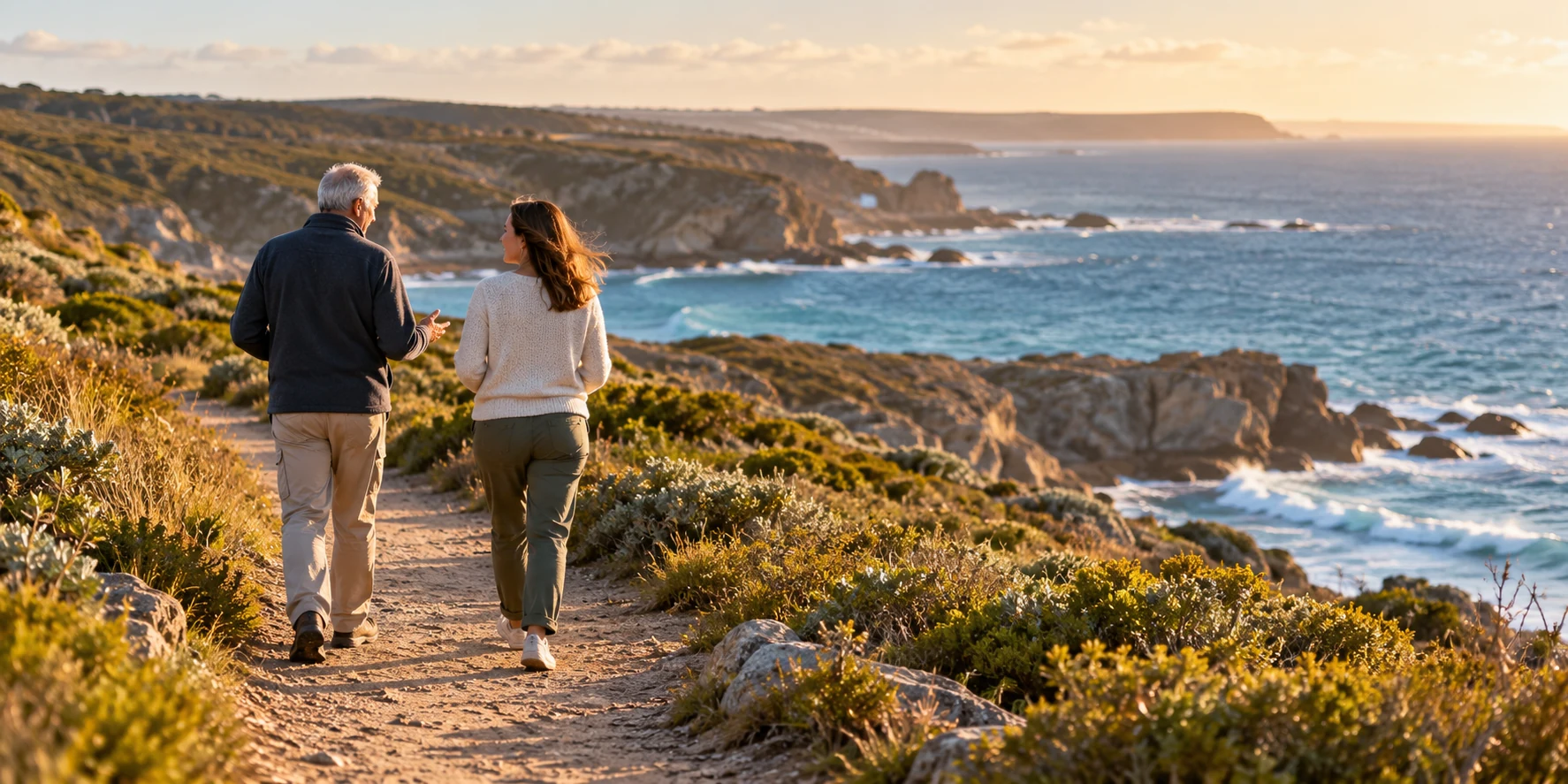 Two generations sharing a conversation on a coastal walk