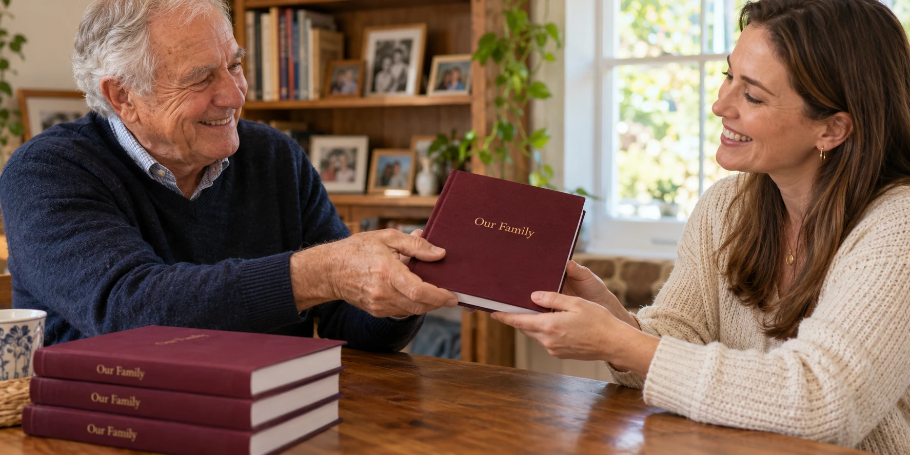A father sharing his finished family story with his daughter