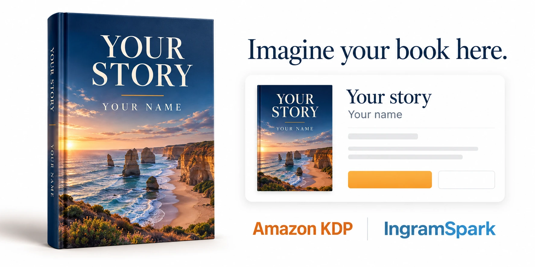 An example of Your Story by Your Name, shown as a finished book and an online listing with Amazon KDP and IngramSpark