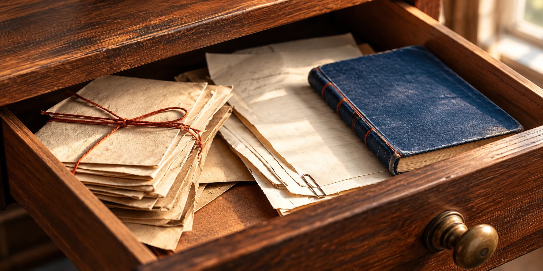 An open wooden drawer holding old letters, handwritten pages and a well-used diary